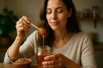 Žena vychutnávajúca pohánkový med s lyžicou v ruke