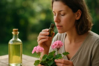 Žena cíti arómu geraniolu z esenciálneho oleja a kvetov