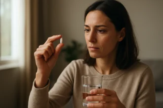 Žena drží tabletku noretisterónu a pohár vody, premýšľa nad liečbou.