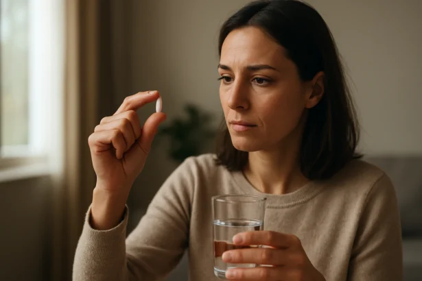 Žena drží tabletku noretisterónu a pohár vody, premýšľa nad liečbou.