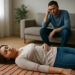 Žena leží na podlahovom kúrení, muž vyzerá znepokojený.