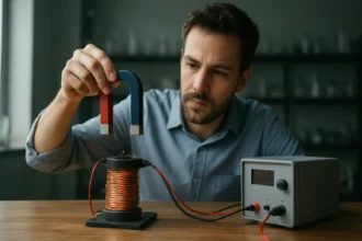 Muž skúma magnetizmus s magnetmi a elektrickým prúdom.