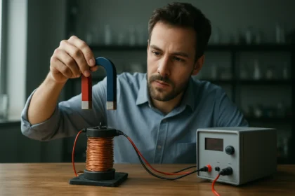 Muž skúma magnetizmus s magnetmi a elektrickým prúdom.