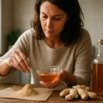 Žena pridáva zázvorový prášok do pohára so zázvorovým sirupom.