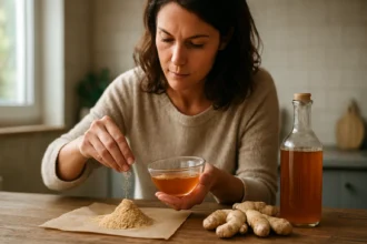 Žena pridáva zázvorový prášok do pohára so zázvorovým sirupom.