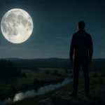 Muž stojaci pod jasným Mesiacom na nočnej oblohe nad prírodou