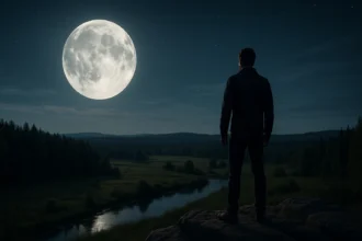 Muž stojaci pod jasným Mesiacom na nočnej oblohe nad prírodou