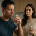 Muž pije vodu, žena sleduje jeho hydratačný výber v kuchyni