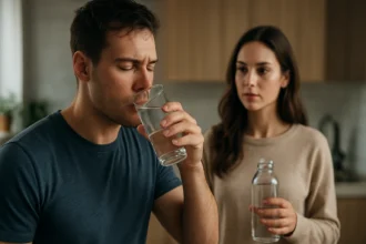 Muž pije vodu, žena sleduje jeho hydratačný výber v kuchyni