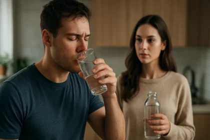 Muž pije vodu, žena sleduje jeho hydratačný výber v kuchyni
