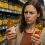 Žena porovnáva fľaše jablčného octu v obchode