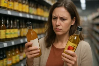 Žena porovnáva fľaše jablčného octu v obchode