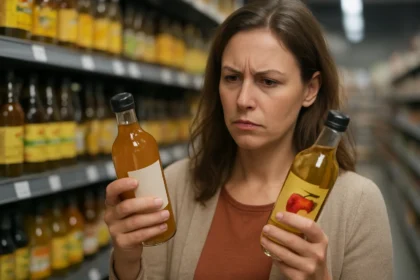 Žena porovnáva fľaše jablčného octu v obchode