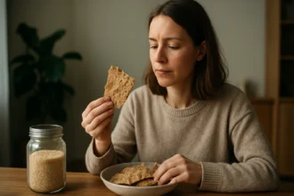 Žena skúma celitínový chlieb, symbol zdravého stravovania.