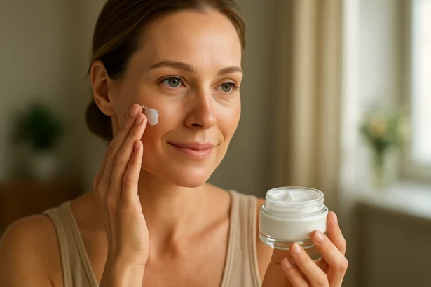 Žena nanáša glutatiónový krém na tvár pre mladistvý vzhľad.