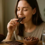 Žena si vychutnáva kúsok horkej čokolády s kakaovými bobmi a pohárom vody.