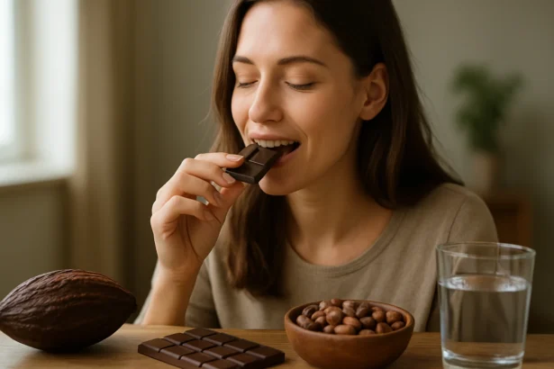 Žena si vychutnáva kúsok horkej čokolády s kakaovými bobmi a pohárom vody.