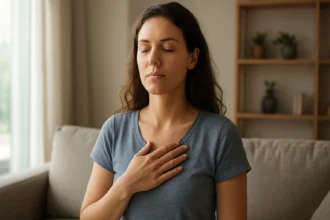 Žena praktizuje dýchanie a relaxáciu pre zlepšenie autonómneho nervového systému.