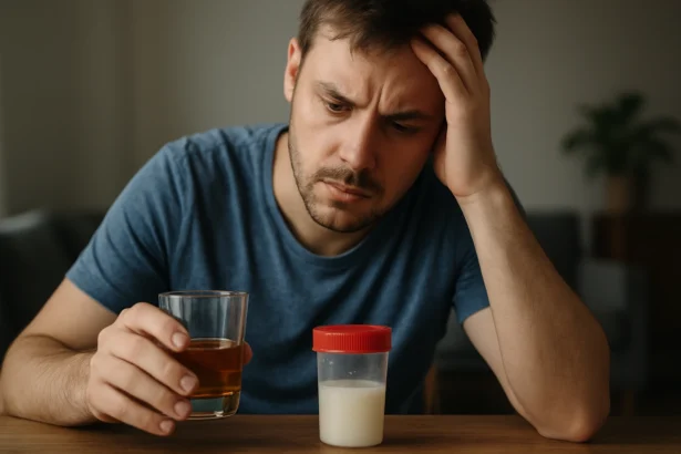 Muž so sklonom k zamysleniu nad účinkami alkoholu na spermie.