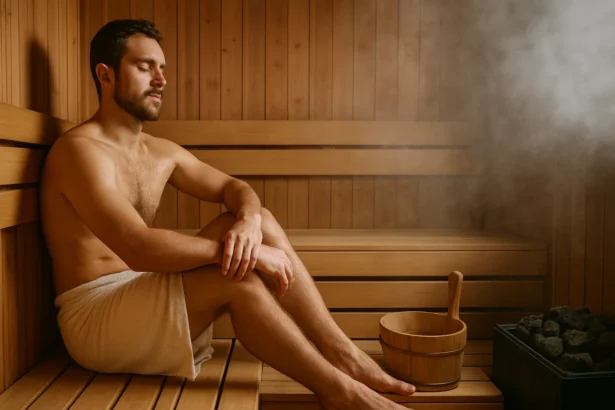 Muž relaxuje v saune, obklopený teplom a parou.