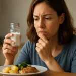 Žena sa zamyslene pozerá na soľ v sklenenej nádobe s jedlom na stole.