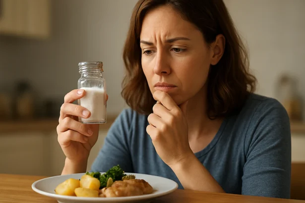 Žena sa zamyslene pozerá na soľ v sklenenej nádobe s jedlom na stole.