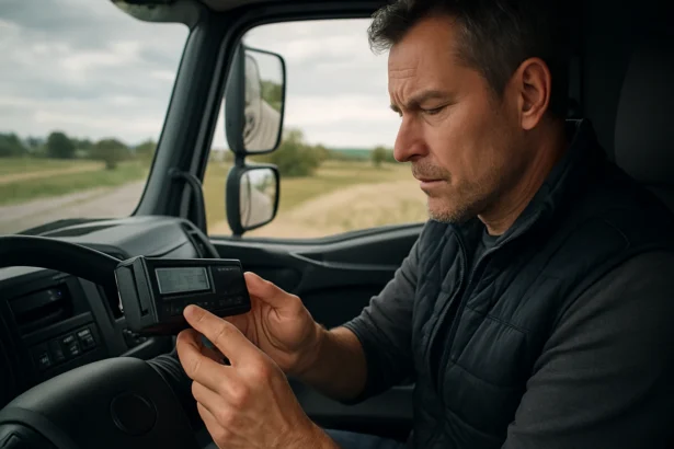 Šofér kontroluje digitálny tachograf v kabíne nákladného vozidla.
