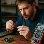 Muž mera teplotu pomocou senzora DS18B20 a multimetra pri počítači.