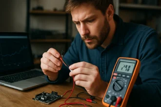 Muž mera teplotu pomocou senzora DS18B20 a multimetra pri počítači.