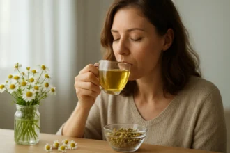 Žena pije harmančekový čaj a objavuje jeho liečivé účinky.