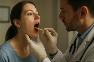 Vyšetrenie hrdla pacienta z pohľadu lekára s lízankou.