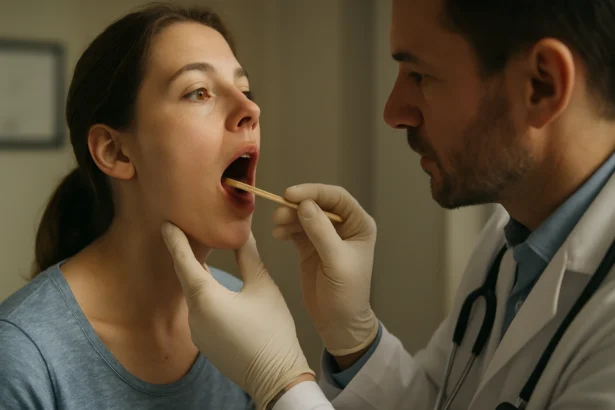 Vyšetrenie hrdla pacienta z pohľadu lekára s lízankou.