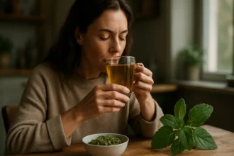 Žena si vychutnáva čaj z podbeľa, prírodný pomocník pre zdravie.