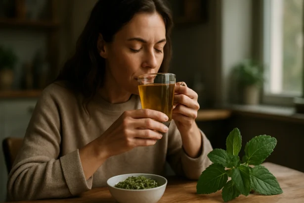 Žena si vychutnáva čaj z podbeľa, prírodný pomocník pre zdravie.