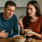 Pár zažívajúci nepríjemné pocity po konzumácii strukovín.