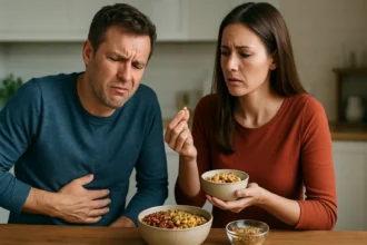 Pár zažívajúci nepríjemné pocity po konzumácii strukovín.