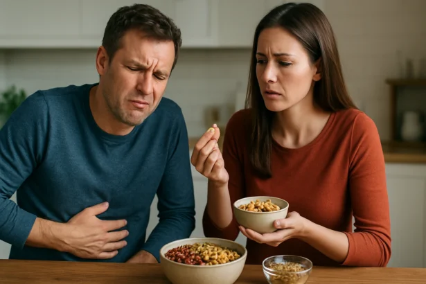 Pár zažívajúci nepríjemné pocity po konzumácii strukovín.