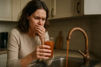 Žena s hrdzavou vodou v kuchyni, znepokojená jej kvalitou.