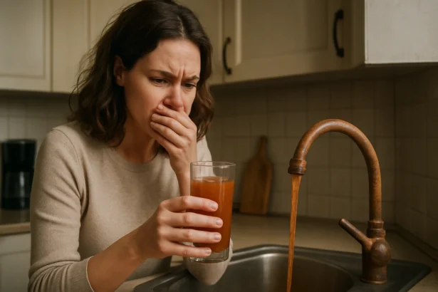 Žena s hrdzavou vodou v kuchyni, znepokojená jej kvalitou.