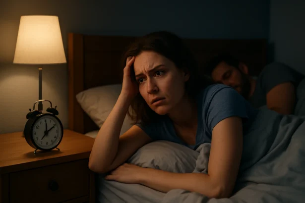Žena bojujúca sa s nespavosťou, ležiaca na posteli s hodinami.