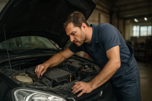 Mechanik kontroluje zámok kapoty vozidla