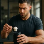 Muž meria L-tyrozín z prášku na zvýšenie výkonu a energie.