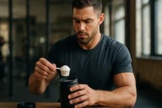 Muž meria L-tyrozín z prášku na zvýšenie výkonu a energie.