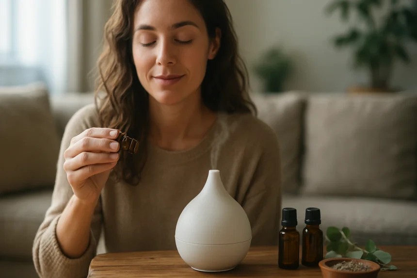 Žena s aromatickými olejmi pri aromaterapii doma