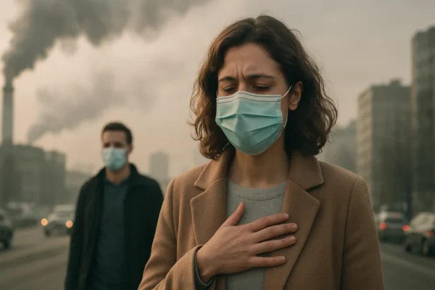 Žena s ochranou tváre dýcha znečistený vzduch v mestskom prostredí.