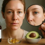 Žena s vitamínom A, olejovými kapsulami a avokádom na vylepšenie pleti