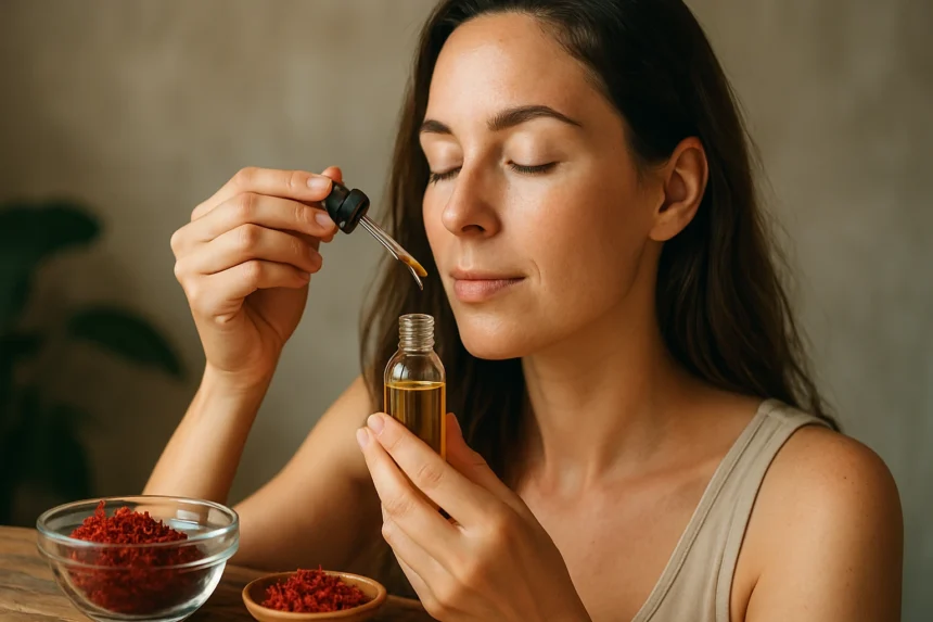 Žena aplikuje šafránový olej na pleť pre zdravie a krásu.