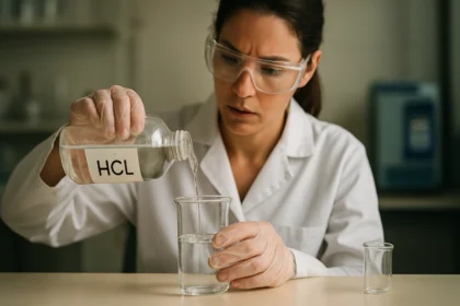 Lab technician pouring hydrochloric acid into a glass beaker.