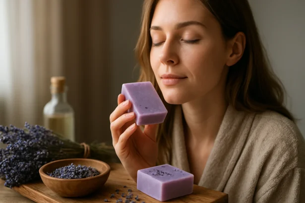 Žena s levanduľovým mydlom, relaxačný wellness moment