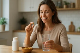 Žena užívajúca lecitínový doplnok s pohárom vody.